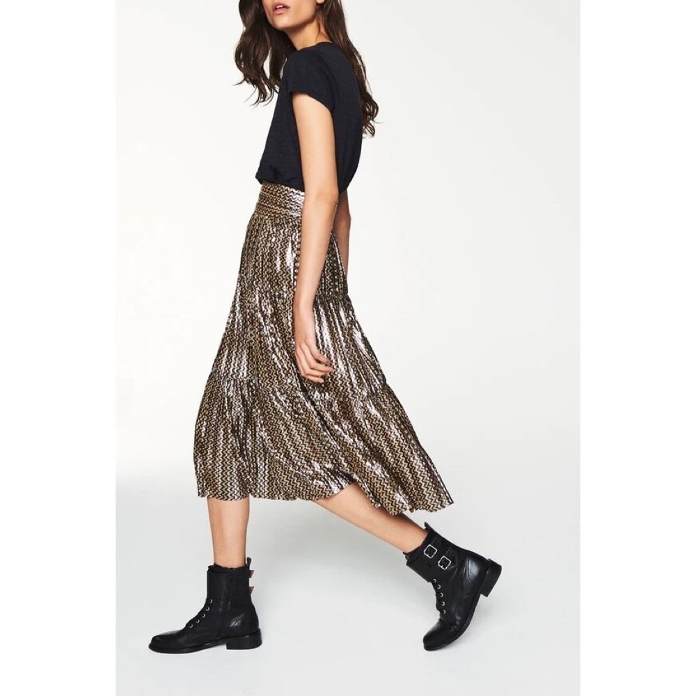 BA&SH Pleated Jupe Poly Midi Skirt Chevron Stripe Foil Metallic Tiered Size 6 - Picture 6 of 16